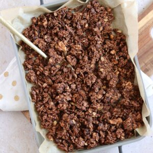 Chocolate granola in baking tray